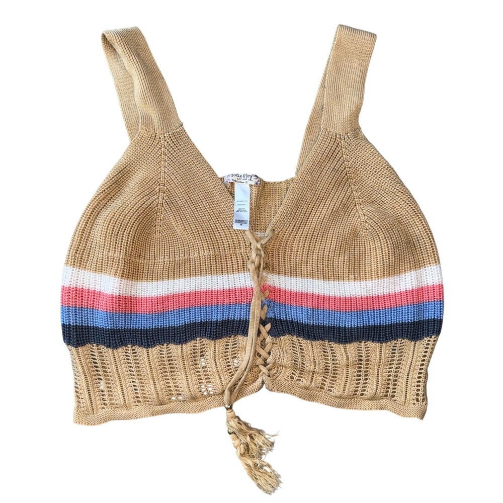 Jolie & Joy Striped Crochet Knit Lace Up Tassel Crop Tank Top Tan 2X X4G1415S